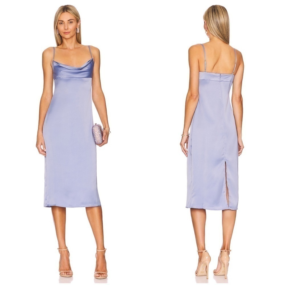 NWT Revolve WeWoreWhat Cowl Midi Charmeuse Satin Dress in Slate Blue